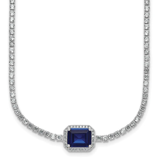 Sterling Silver Rhodium-plated Polished Fancy Emerald-cut Blue and White CZ Halo 16 Inch with 2 Inch Extension Necklace QG7001-16