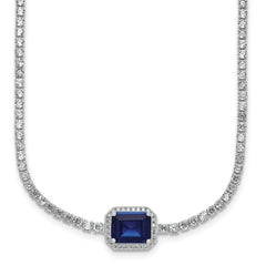 Sterling Silver Rhodium-plated Polished Fancy Emerald-cut Blue and White CZ Halo 16 Inch with 2 Inch Extension Necklace QG7001-16