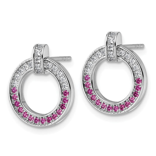 QG7002E Sterling Silver Rhodium-plated White and Red CZ Open Circle Post Earrings