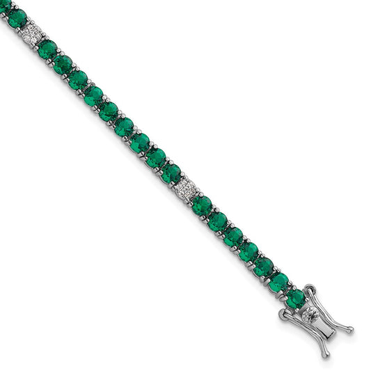Sterling Silver Rhodium-plated Polished Round Green and White CZ 7 Inch Bracelet QG7007-7