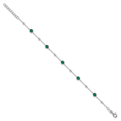 Sterling Silver Rhodium-plated Polished and Beaded Bezel-set Round Green CZ 7 Inch with 1 Inch Extension Bracelet QG7008-7