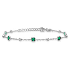 Sterling Silver Rhodium-plated Polished and Beaded Bezel-set Round Green CZ 7 Inch with 1 Inch Extension Bracelet QG7008-7