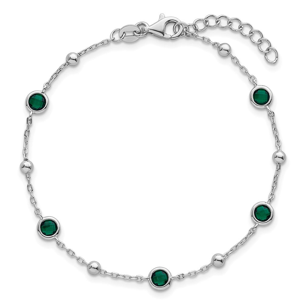 Sterling Silver Rhodium-plated Polished and Beaded Bezel-set Round Green CZ 7 Inch with 1 Inch Extension Bracelet QG7008-7