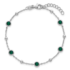 Sterling Silver Rhodium-plated Polished and Beaded Bezel-set Round Green CZ 7 Inch with 1 Inch Extension Bracelet QG7008-7