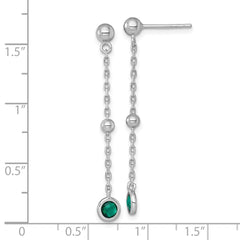 QG7008E Sterling Silver Rhodium-plated Polished Bezel-set Round Green CZ Dangle Post Earrings