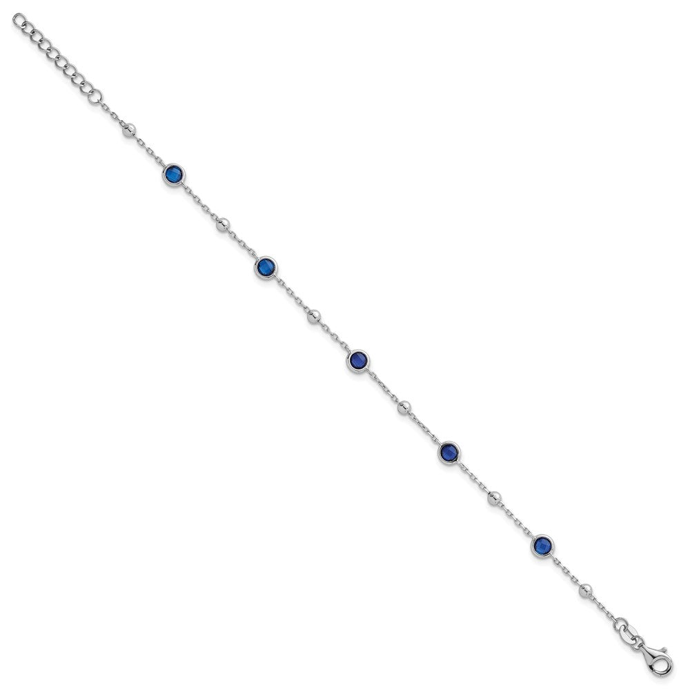 Sterling Silver Rhodium-plated Polished and Beaded Bezel-set Round Blue CZ 7 Inch with 1 Inch Extension Bracelet QG7009-7