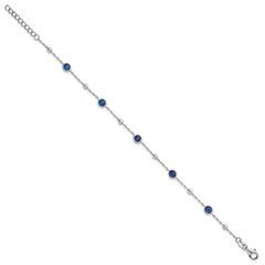 Sterling Silver Rhodium-plated Polished and Beaded Bezel-set Round Blue CZ 7 Inch with 1 Inch Extension Bracelet QG7009-7