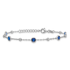 Sterling Silver Rhodium-plated Polished and Beaded Bezel-set Round Blue CZ 7 Inch with 1 Inch Extension Bracelet QG7009-7