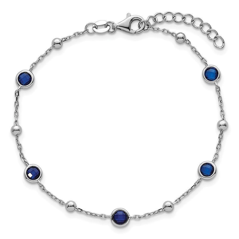 Sterling Silver Rhodium-plated Polished and Beaded Bezel-set Round Blue CZ 7 Inch with 1 Inch Extension Bracelet QG7009-7