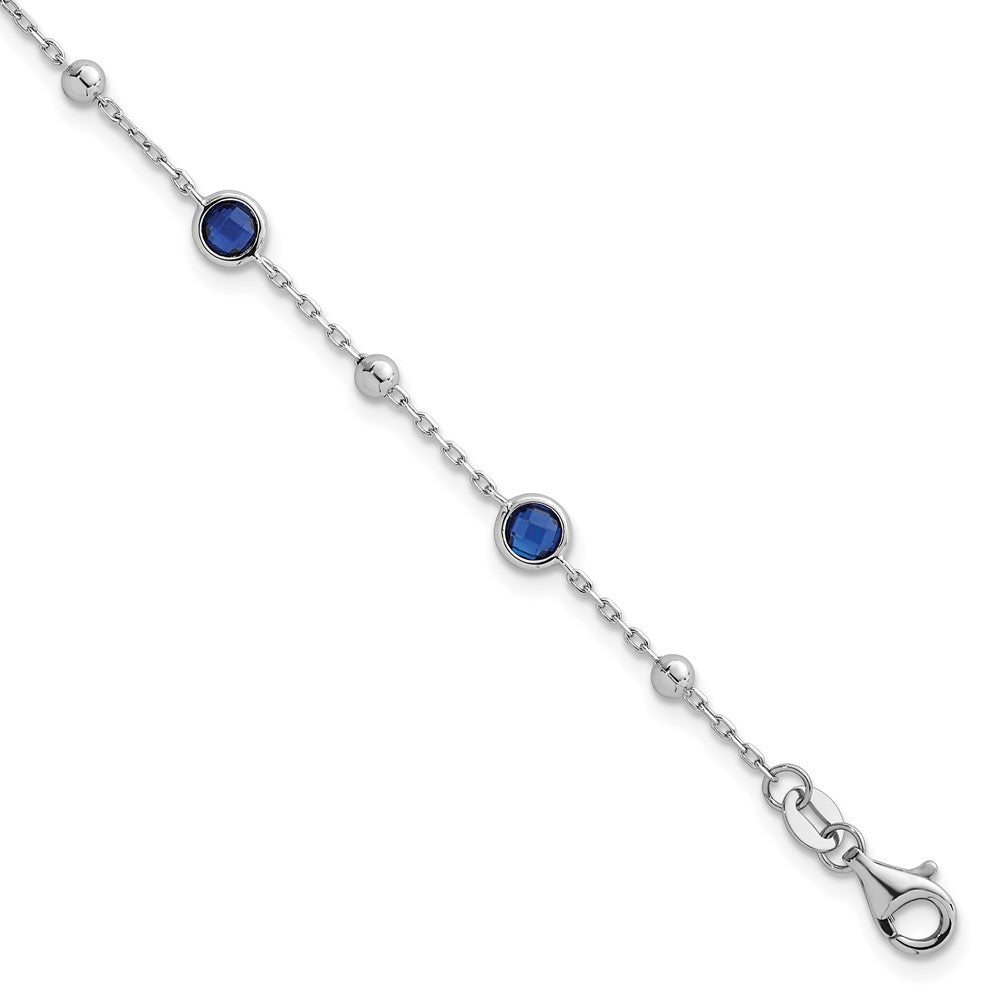 Sterling Silver Rhodium-plated Polished and Beaded Bezel-set Round Blue CZ 7 Inch with 1 Inch Extension Bracelet QG7009-7