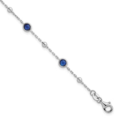 Sterling Silver Rhodium-plated Polished and Beaded Bezel-set Round Blue CZ 7 Inch with 1 Inch Extension Bracelet QG7009-7