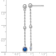 QG7009E Sterling Silver Rhodium-plated Polished Bezel-set Round Blue CZ Dangle Post Earrings