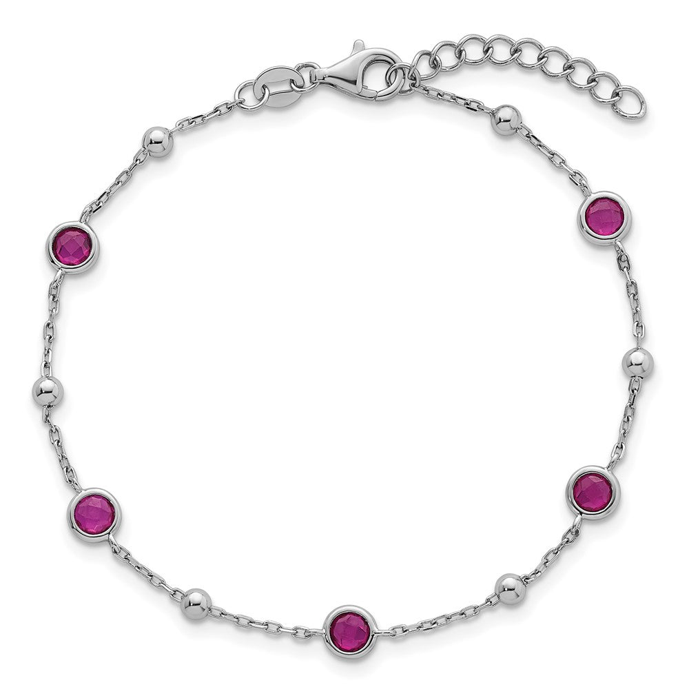 Sterling Silver Rhodium-plated Polished and Beaded Bezel-set Round Red CZ 7 Inch with 1 Inch Extension Bracelet QG7010-7