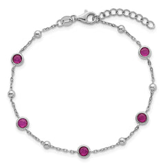 Sterling Silver Rhodium-plated Polished and Beaded Bezel-set Round Red CZ 7 Inch with 1 Inch Extension Bracelet QG7010-7