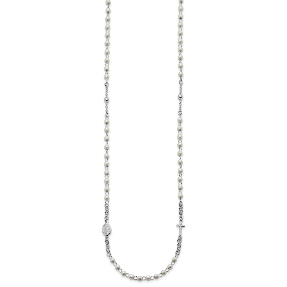 Sterling Silver Rhodium-plated Plastic Imitation Pearl 19.75 inch with 1 inch extender Rosary Themed Necklace QG7017-19.75