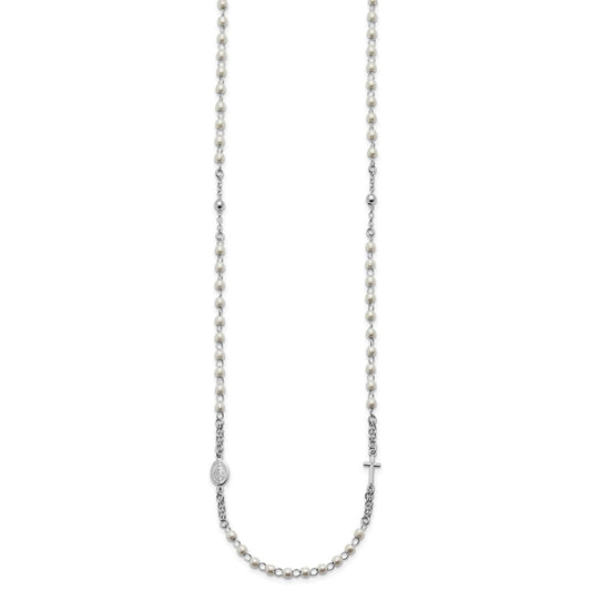 Sterling Silver Rhodium-plated Plastic Imitation Pearl 19.75 inch with 1 inch extender Rosary Themed Necklace QG7017-19.75