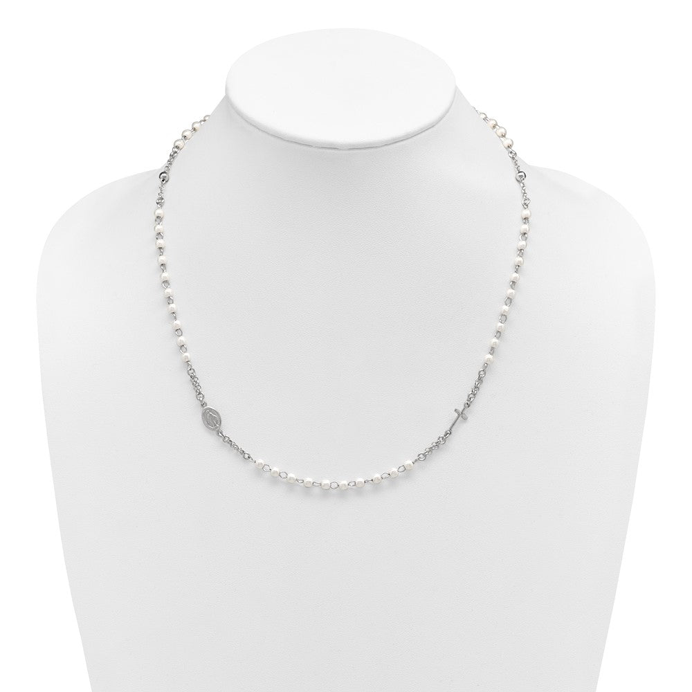 Sterling Silver Rhodium-plated Plastic Imitation Pearl 19.75 inch with 1 inch extender Rosary Themed Necklace QG7017-19.75