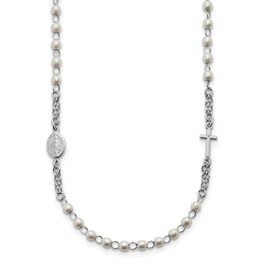 Sterling Silver Rhodium-plated Plastic Imitation Pearl 19.75 inch with 1 inch extender Rosary Themed Necklace QG7017-19.75