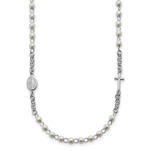 Sterling Silver Rhodium-plated Plastic Imitation Pearl 19.75 inch with 1 inch extender Rosary Themed Necklace QG7017-19.75