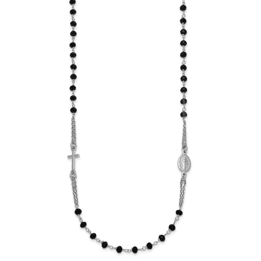 Sterling Silver Rhodium-plated Black Crystal 20 inch with 0.5 inch extender Rosary Themed Necklace QG7018-20
