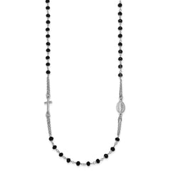 Sterling Silver Rhodium-plated Black Crystal 20 inch with 0.5 inch extender Rosary Themed Necklace QG7018-20