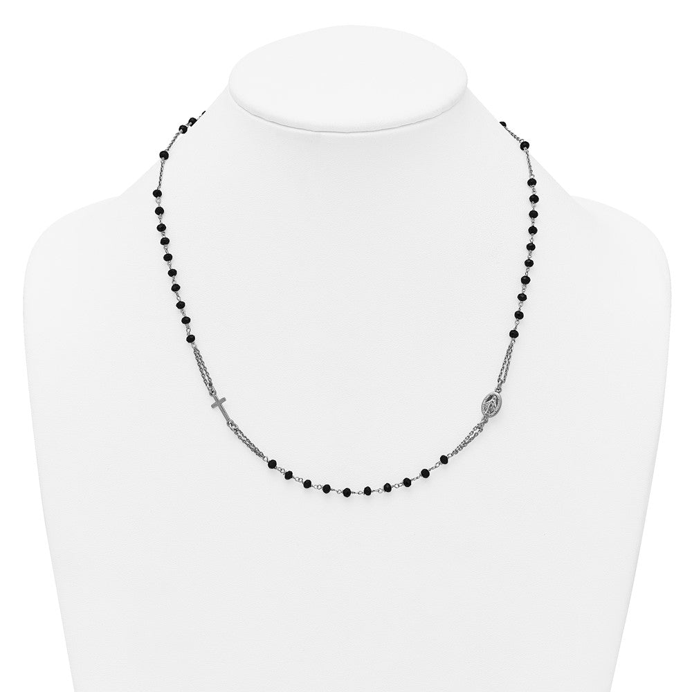 Sterling Silver Rhodium-plated Black Crystal 20 inch with 0.5 inch extender Rosary Themed Necklace QG7018-20