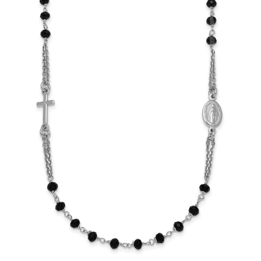 Sterling Silver Rhodium-plated Black Crystal 20 inch with 0.5 inch extender Rosary Themed Necklace QG7018-20