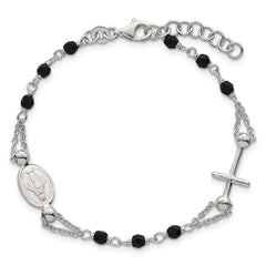 Sterling Silver Polished Beaded Black Glass 6.5 inch with 1 inch Extension Rosary-Design Bracelet QG7019-6.5