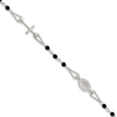 Sterling Silver Polished Beaded Black Glass 6.5 inch with 1 inch Extension Rosary-Design Bracelet QG7019-6.5