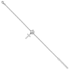 Sterling Silver Rhodium-plated Polished Cross Dangle Paperclip Link 6.5 Inch with 1 Inch Extension Bracelet QG7020-6.5