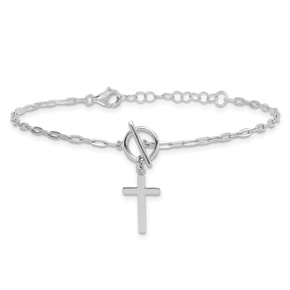 Sterling Silver Rhodium-plated Polished Cross Dangle Paperclip Link 6.5 Inch with 1 Inch Extension Bracelet QG7020-6.5