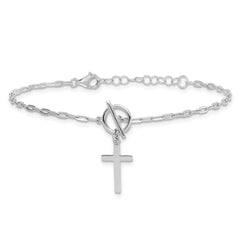 Sterling Silver Rhodium-plated Polished Cross Dangle Paperclip Link 6.5 Inch with 1 Inch Extension Bracelet QG7020-6.5