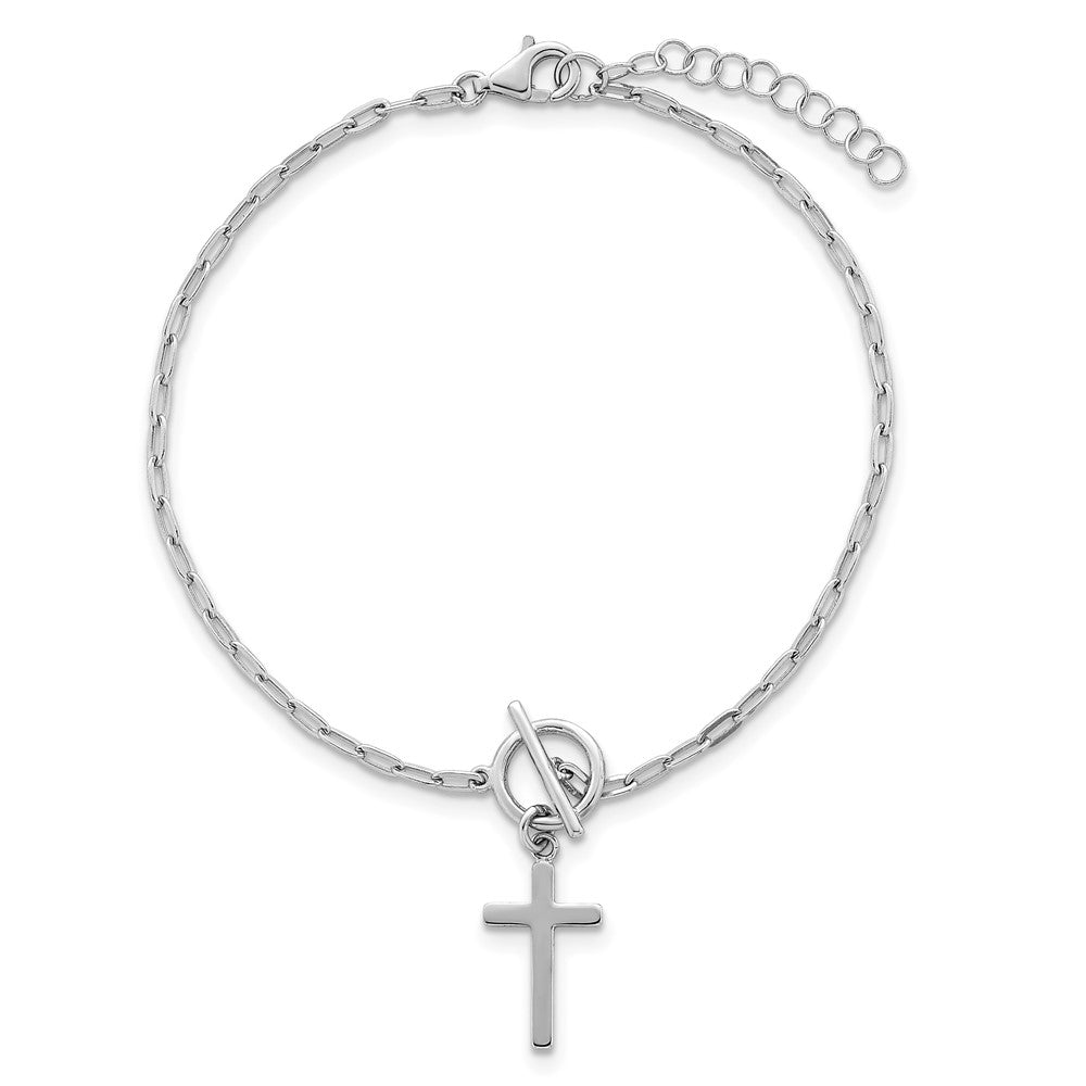 Sterling Silver Rhodium-plated Polished Cross Dangle Paperclip Link 6.5 Inch with 1 Inch Extension Bracelet QG7020-6.5