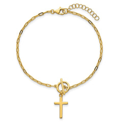 Sterling Silver Gold-tone Polished Cross Dangle Paperclip Link 6.5 Inch with 1 Inch Extension Bracelet QG7020GP-6.5