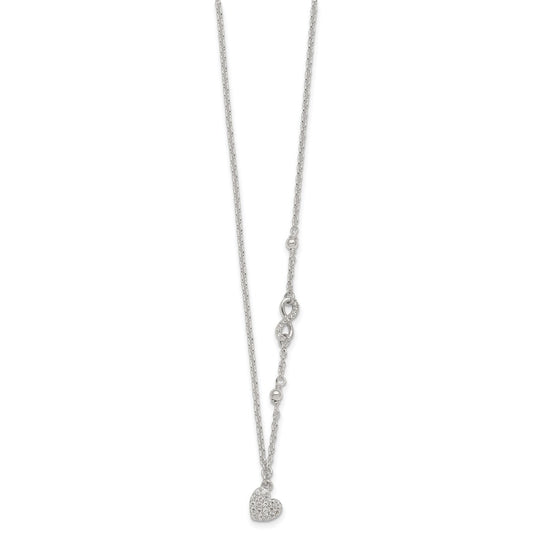 Sterling Silver Polished Beaded White CZ Infinity and Heart 16 inch with 2 inch Extension Necklace QG7041-16