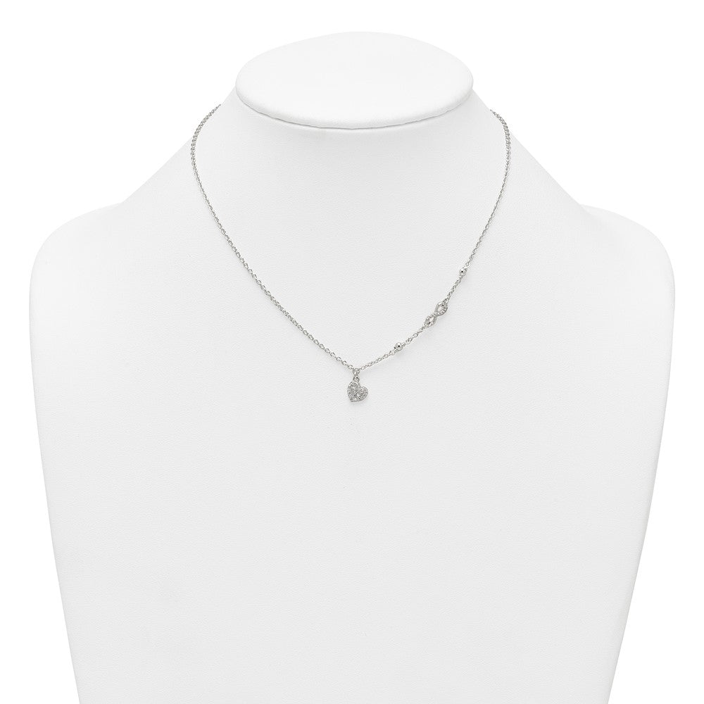 Sterling Silver Polished Beaded White CZ Infinity and Heart 16 inch with 2 inch Extension Necklace QG7041-16