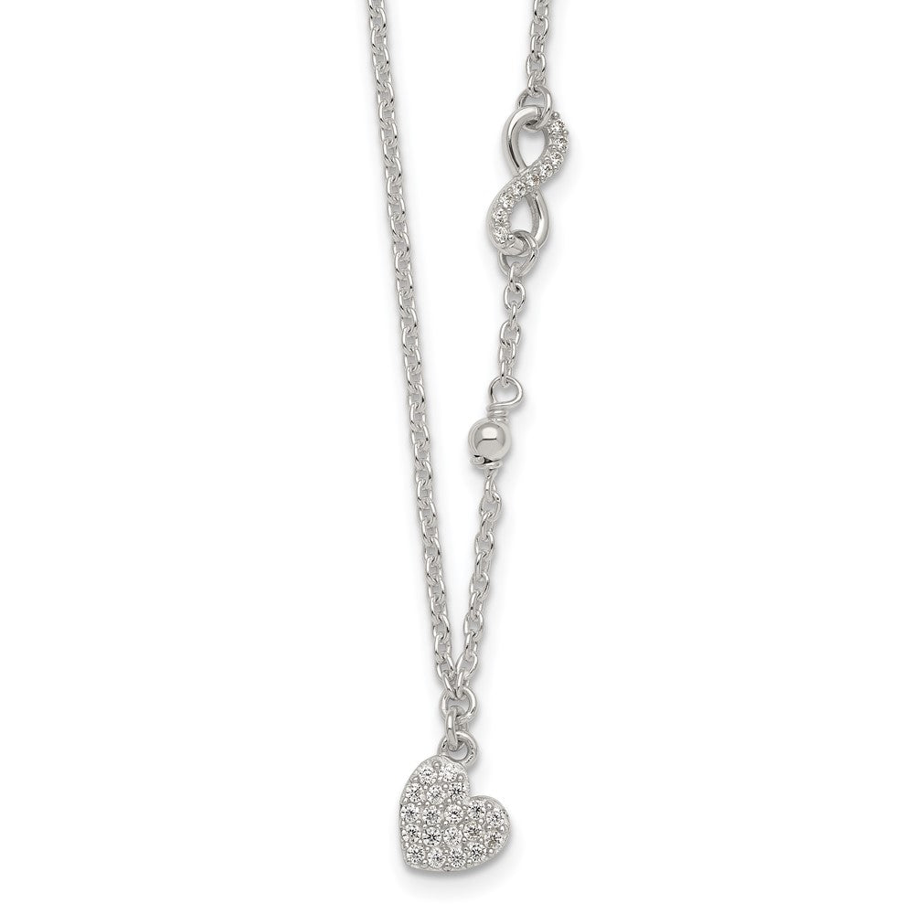 Sterling Silver Polished Beaded White CZ Infinity and Heart 16 inch with 2 inch Extension Necklace QG7041-16