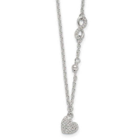 Sterling Silver Polished Beaded White CZ Infinity and Heart 16 inch with 2 inch Extension Necklace QG7041-16
