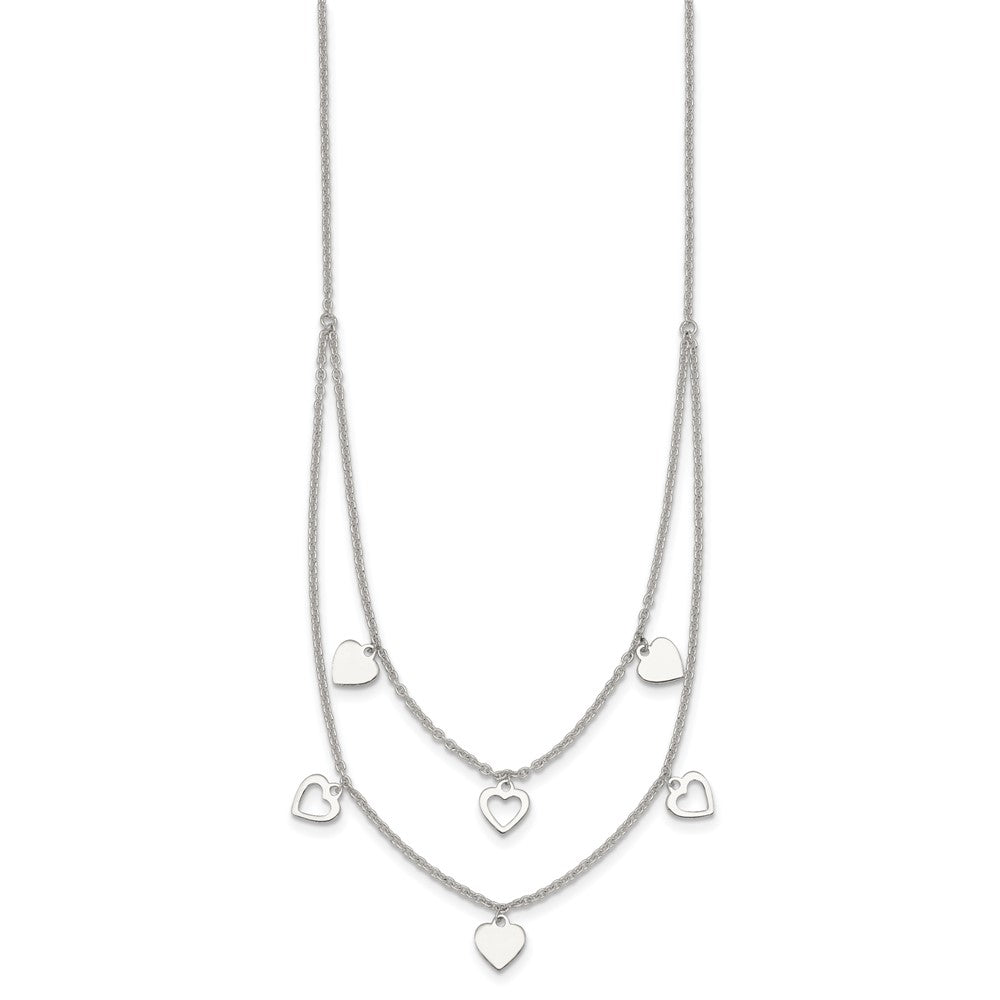 Sterling Silver Polished Double Strand Heart Station 15.75 inch Necklace QG7043-15.75