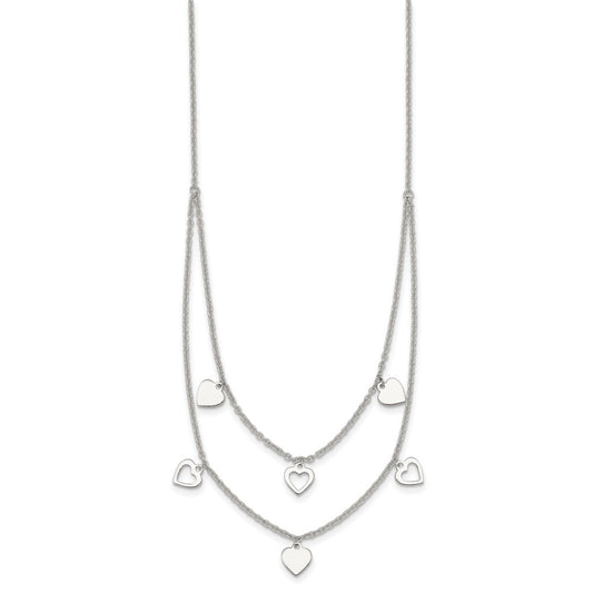 Sterling Silver Polished Double Strand Heart Station 15.75 inch Necklace QG7043-15.75
