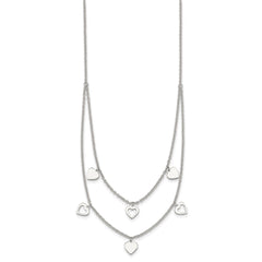 Sterling Silver Polished Double Strand Heart Station 15.75 inch Necklace QG7043-15.75