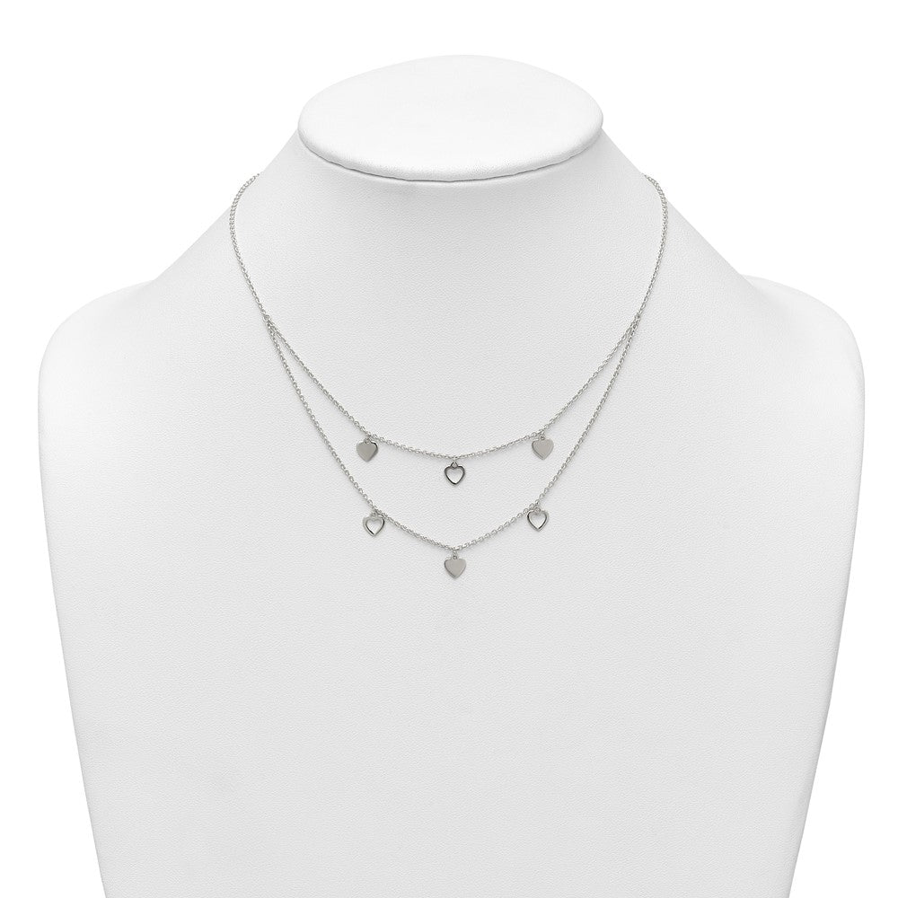 Sterling Silver Polished Double Strand Heart Station 15.75 inch Necklace QG7043-15.75
