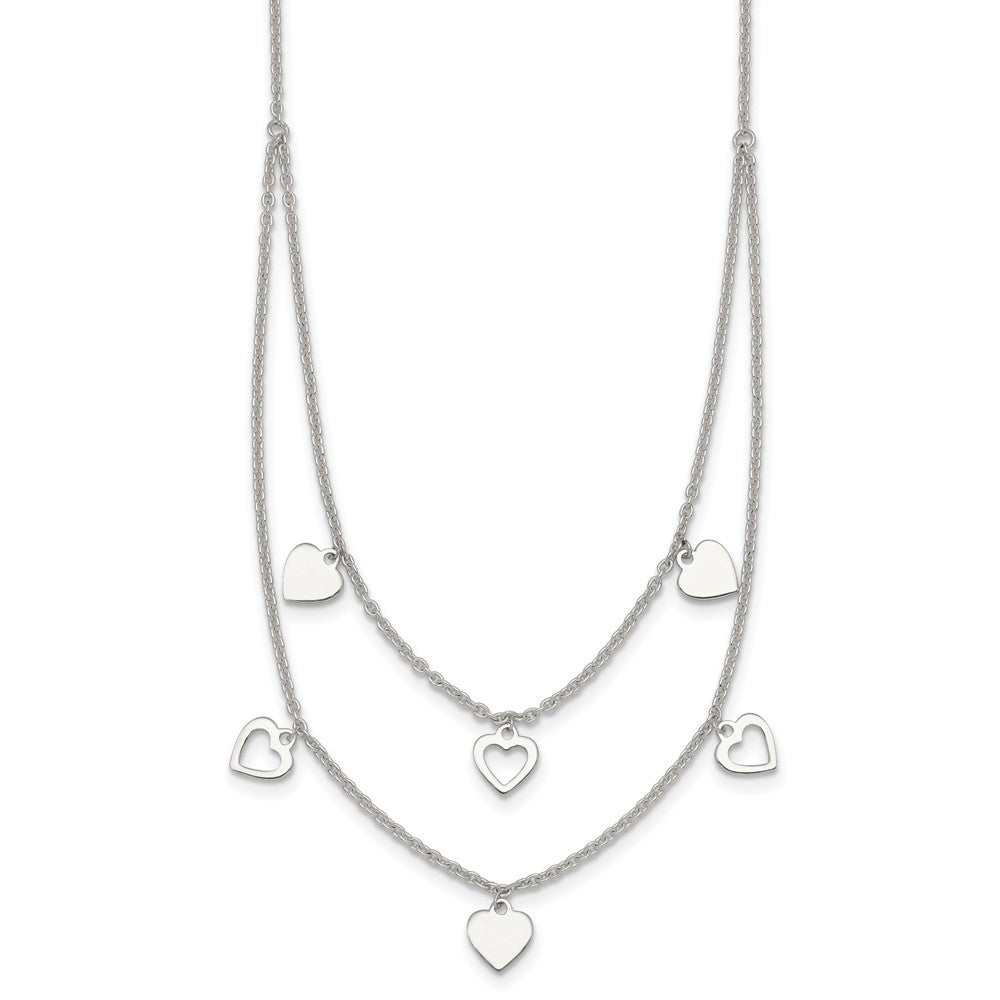 Sterling Silver Polished Double Strand Heart Station 15.75 inch Necklace QG7043-15.75