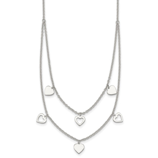 Sterling Silver Polished Double Strand Heart Station 15.75 inch Necklace QG7043-15.75