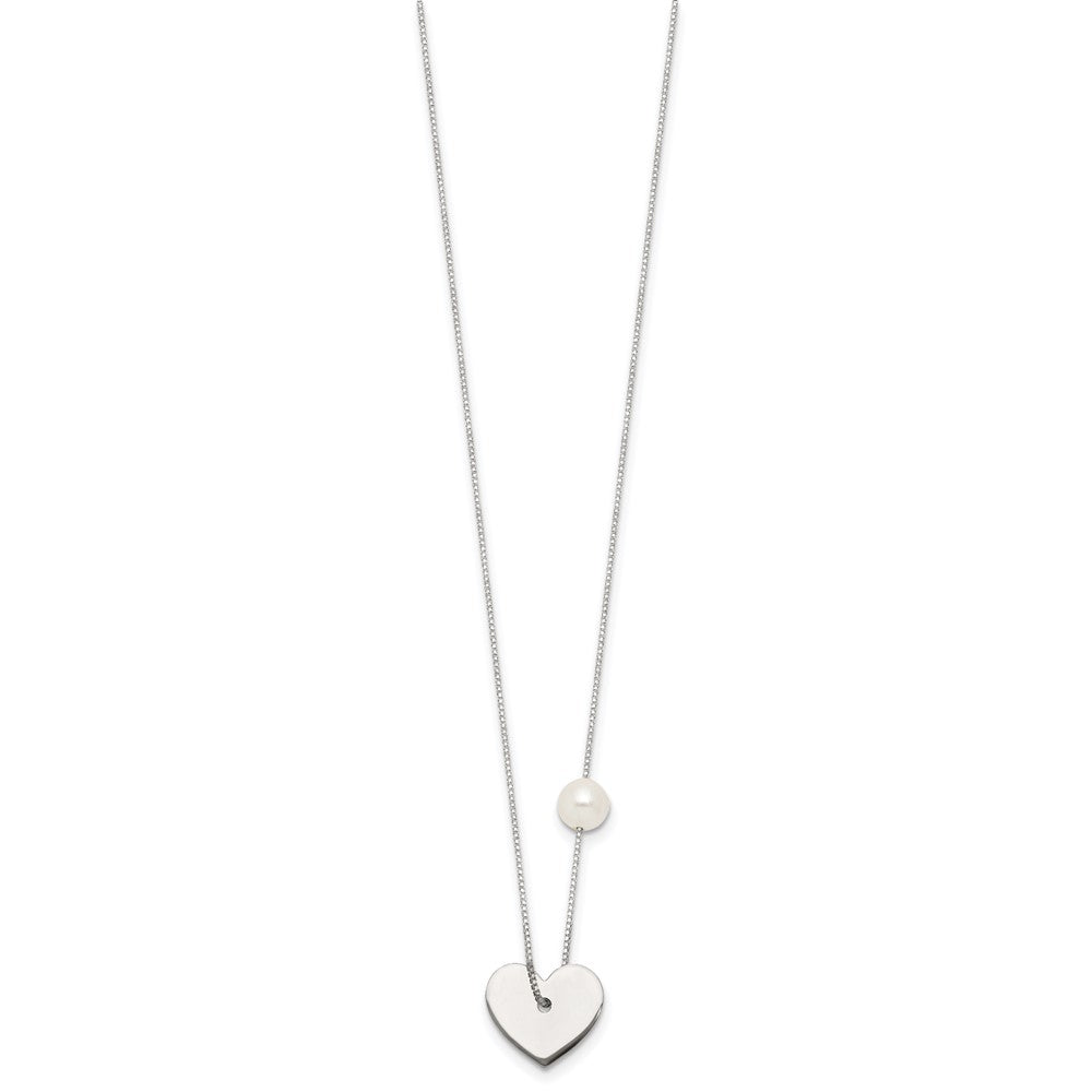 Sterling Silver Polished Heart and Glass Pearl 16 inch Necklace QG7044-16