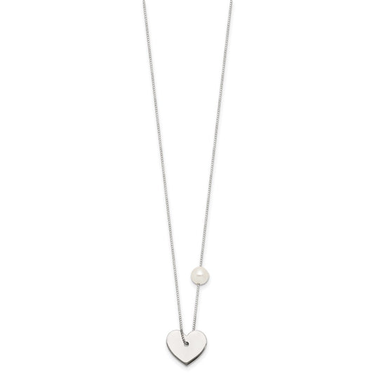 Sterling Silver Polished Heart and Glass Pearl 16 inch Necklace QG7044-16