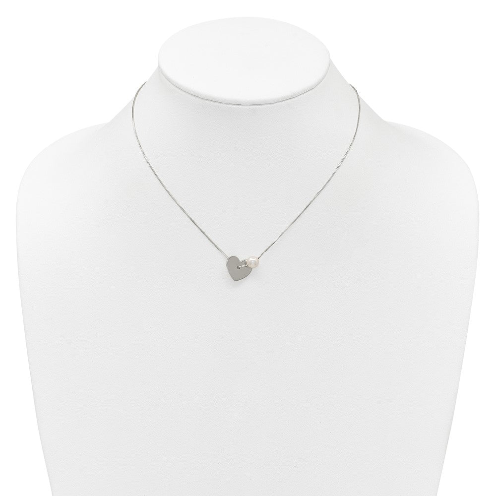 Sterling Silver Polished Heart and Glass Pearl 16 inch Necklace QG7044-16