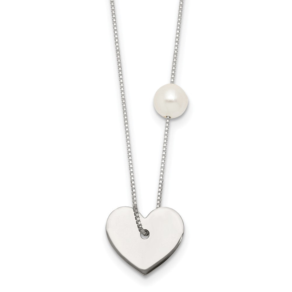 Sterling Silver Polished Heart and Glass Pearl 16 inch Necklace QG7044-16