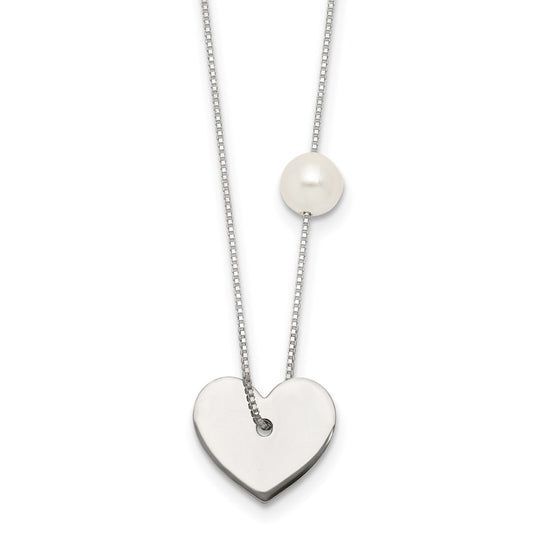 Sterling Silver Polished Heart and Glass Pearl 16 inch Necklace QG7044-16