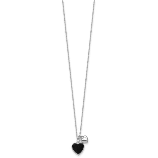 Sterling Silver Rhodium-plated Polished Onyx and CZ Hearts 14 Inch with 3 Inch Extension Children's Necklace QG7045-14